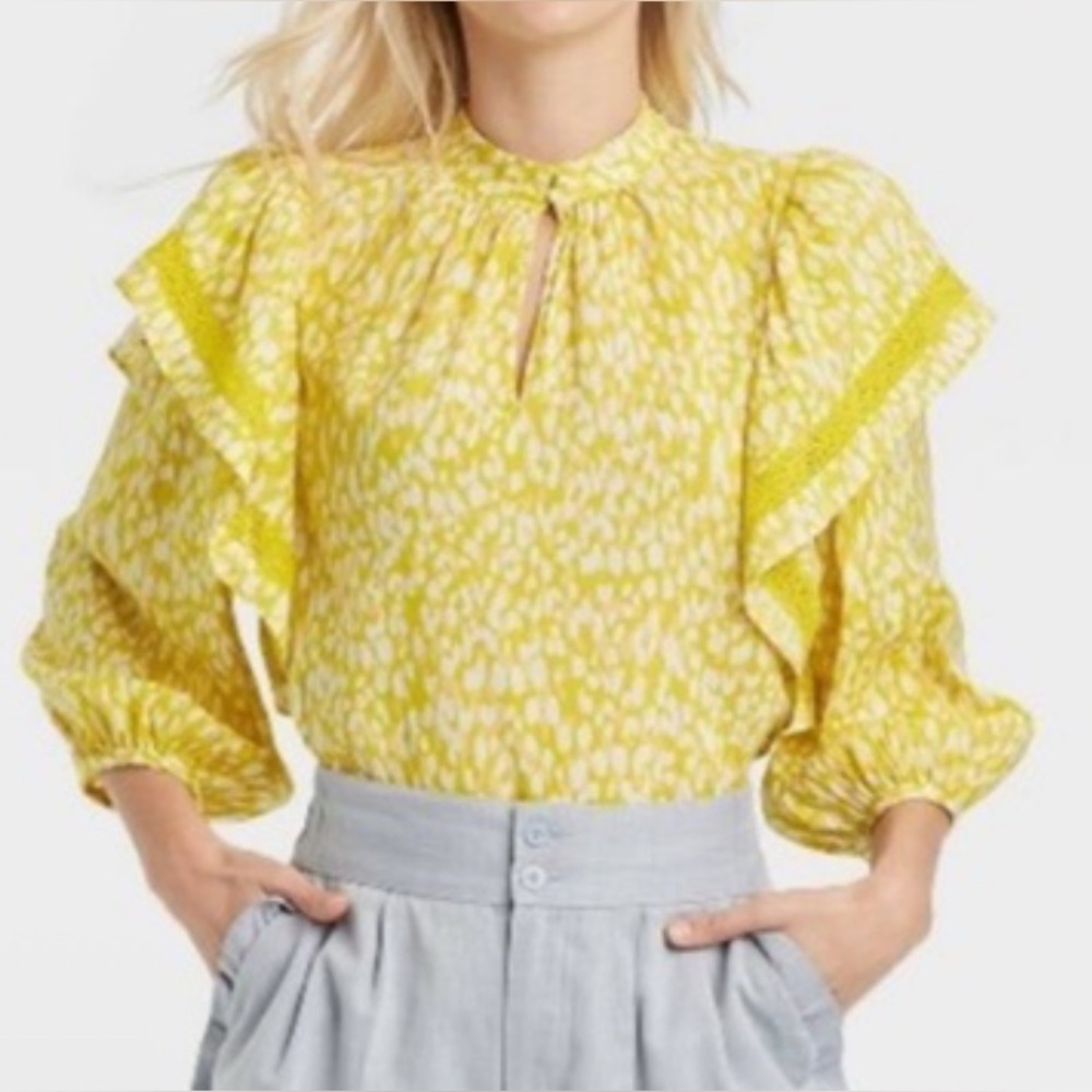 Who What Wear Yellow Green Patterned Ruffle Blouse- 1X